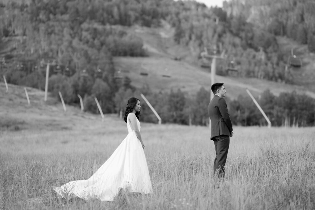 couple together on wedding day at maroon bells