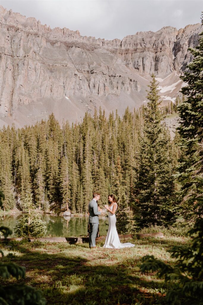 couple sharing vows in forest by lake