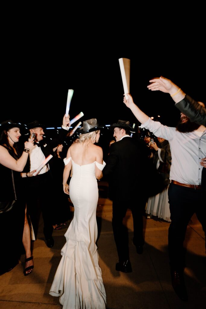bride and groom dancing at their mountain wedding reception