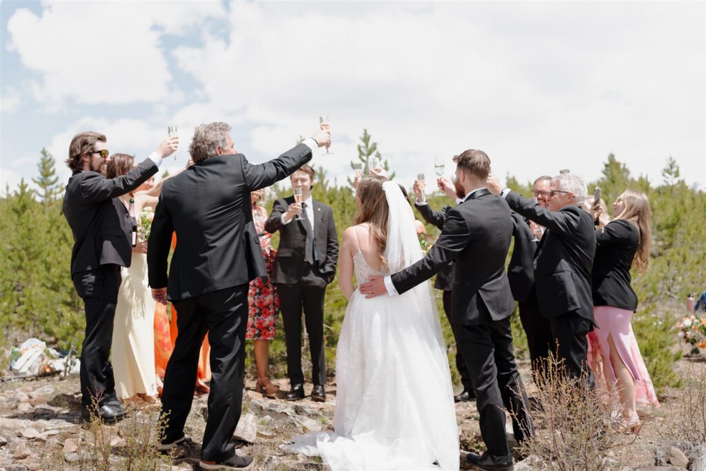 bride and groom do a toast with their small elopement guest group