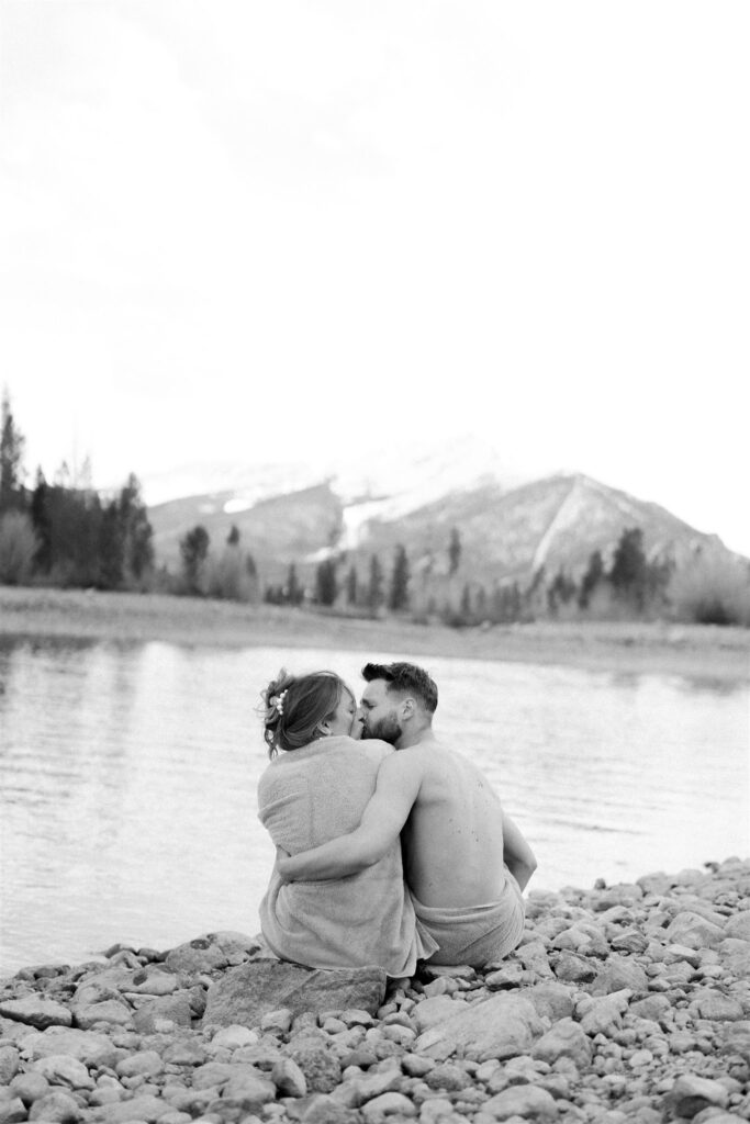 Bride and groom get adventurous and skinny dip in a Colorado alpine lake