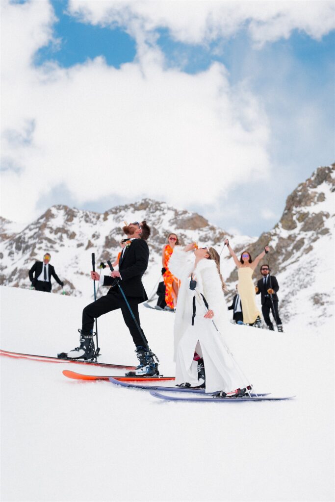Bride and groom hit the slopes for their ski elopement