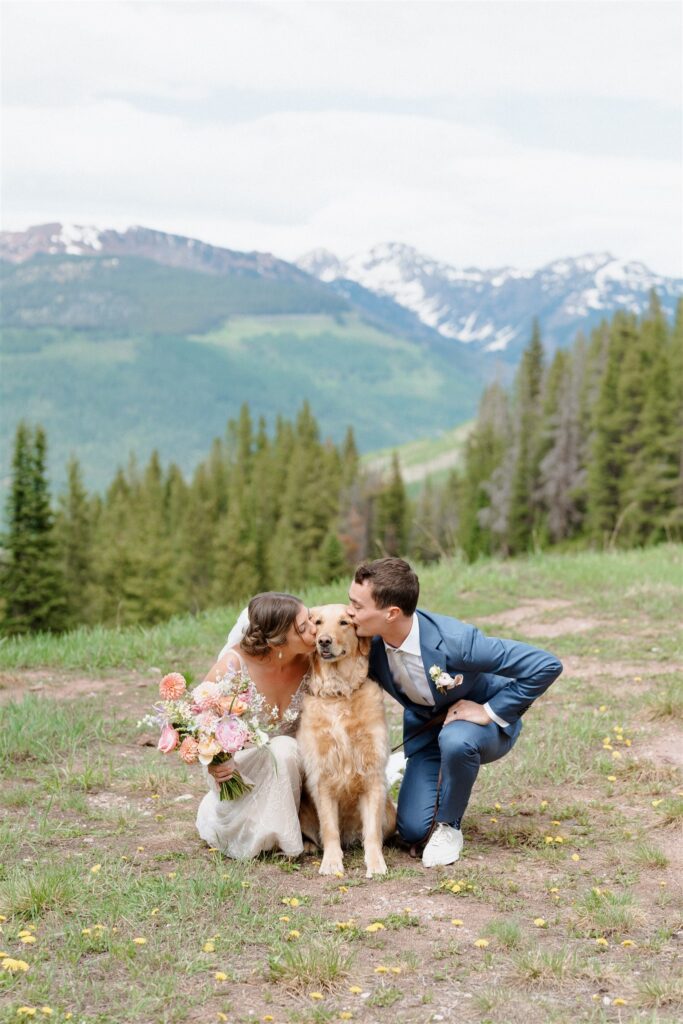 Mountain wedding couples portraits with their dog, Piper.