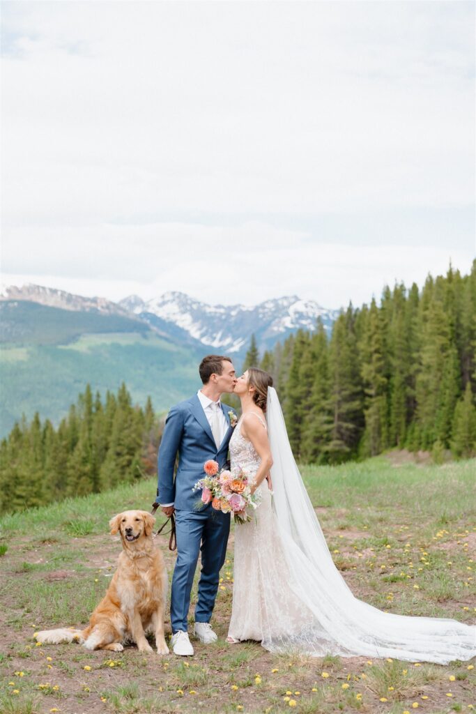 Mountain wedding couples portraits with their dog, Piper.