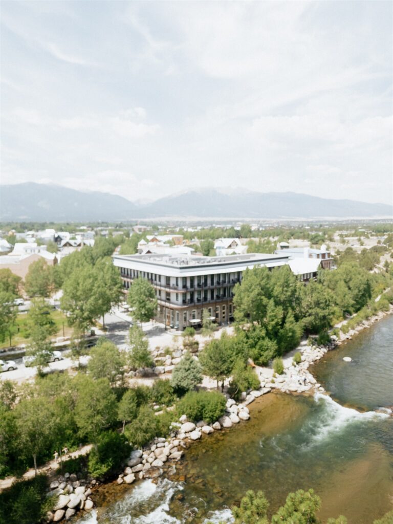 A drone shot of the Surf Hotel in Buena Vista