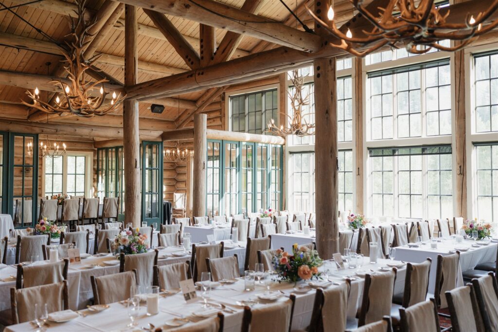 indoor wedding reception setup at Beano's Cabin