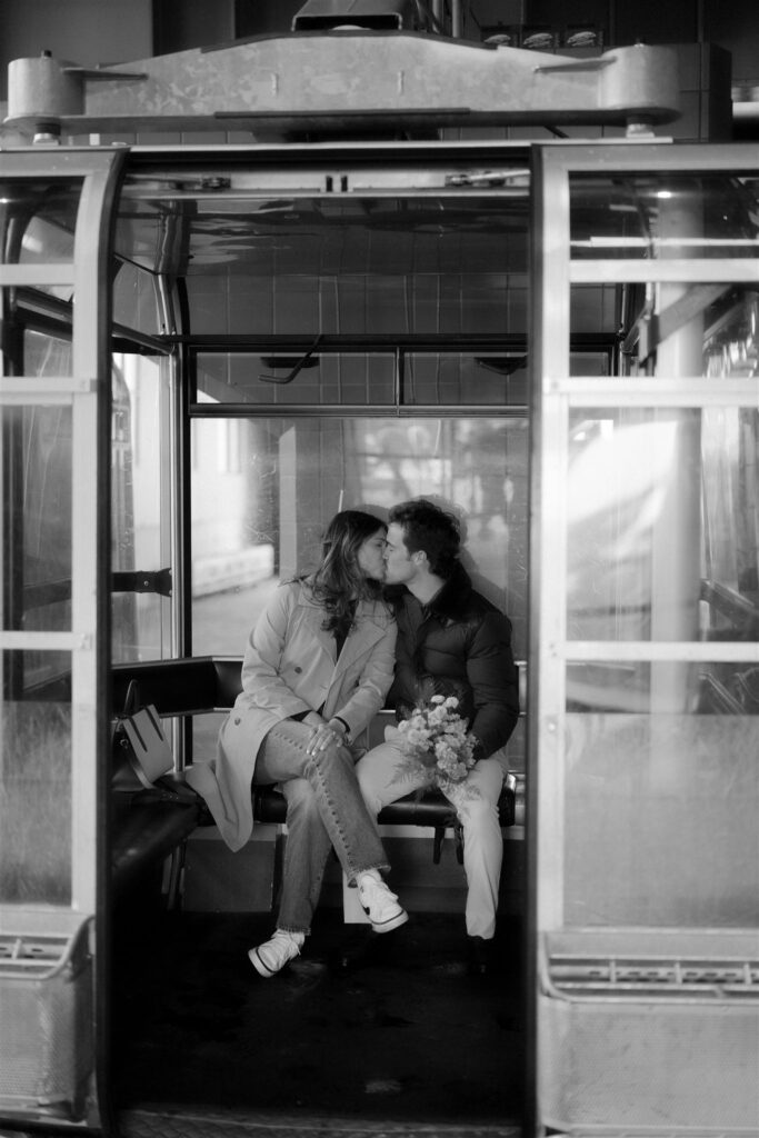 Engagement photos on a gondola at Vail Resort