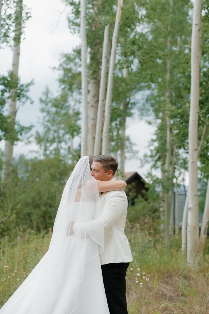 Wedding day first look moments in Telluride, Colorado
