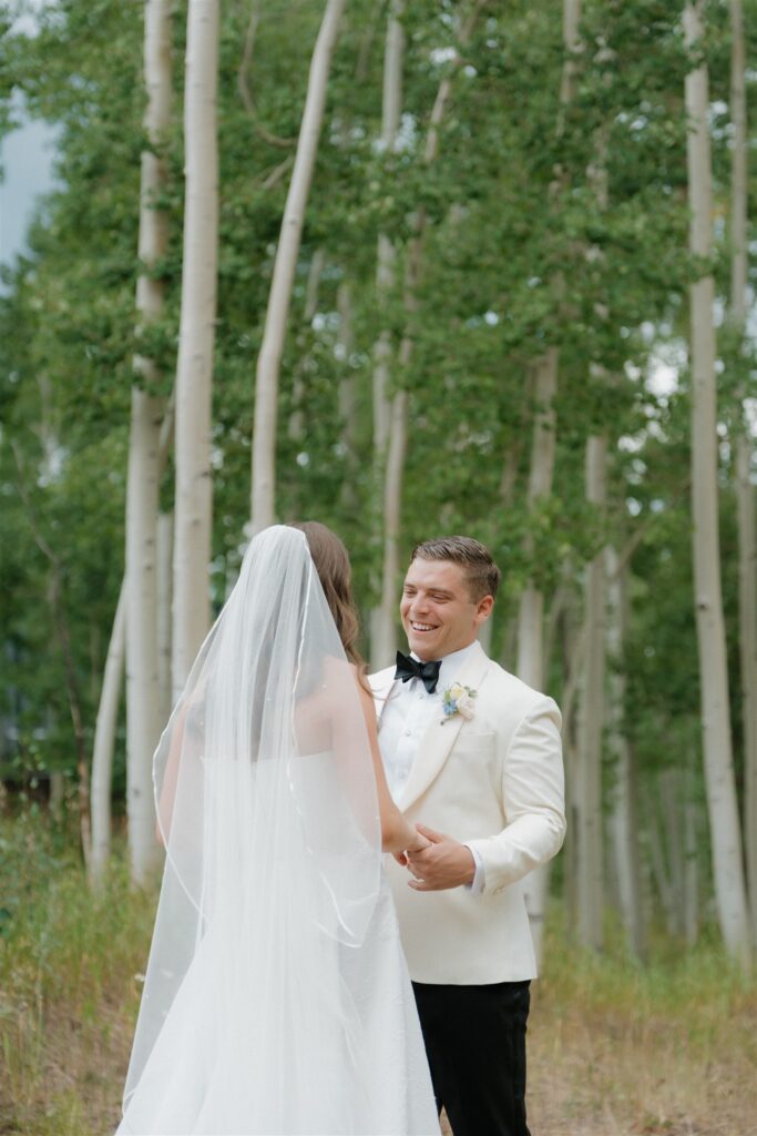 Wedding day first look moments in Telluride, Colorado