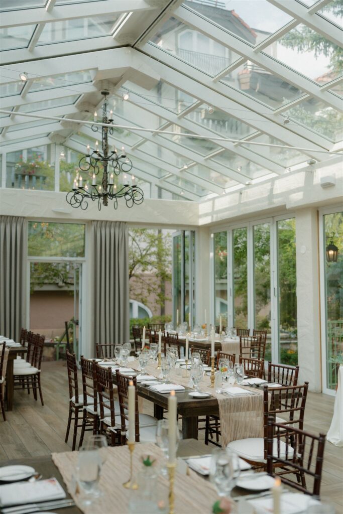 A Sonnenalp Hotel wedding reception setup in Vail, Colorado