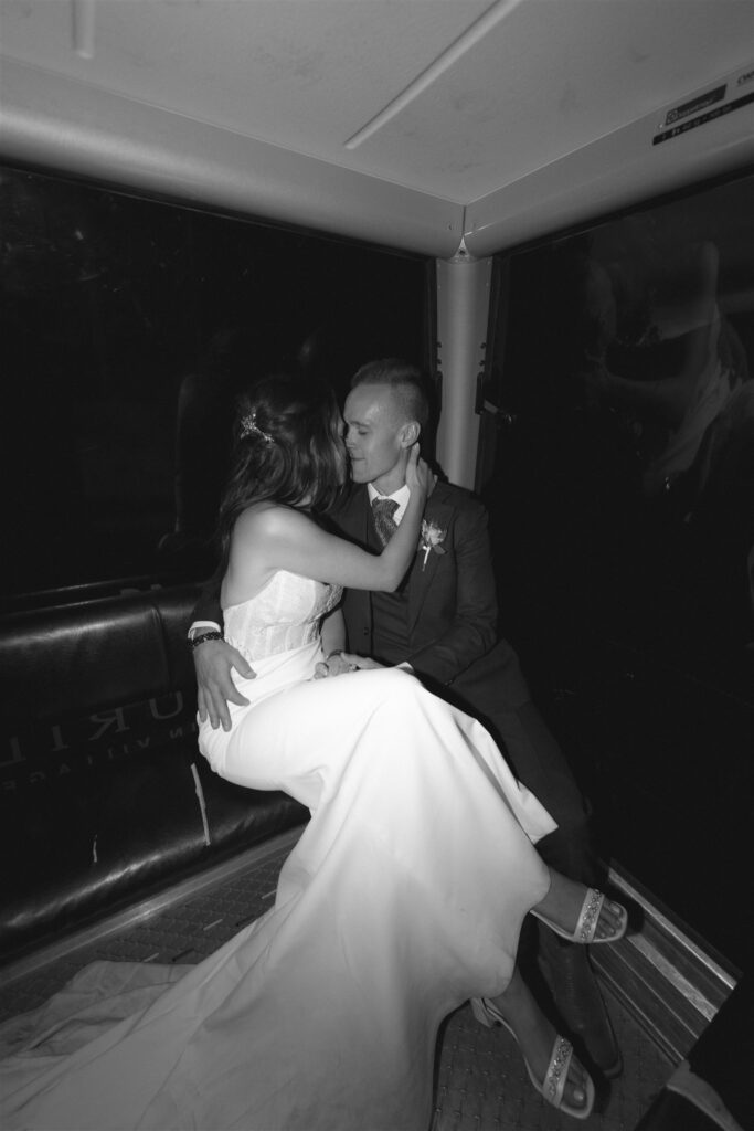 Bride and groom head down the mountain by gondola