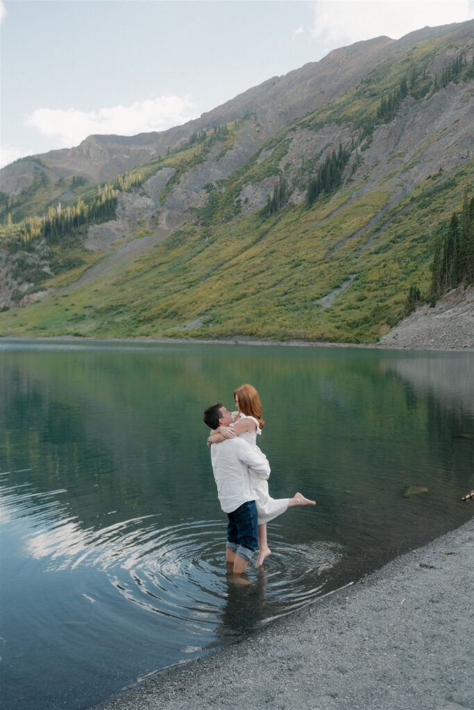 Mountain alpine lake engagement photos in Colorado