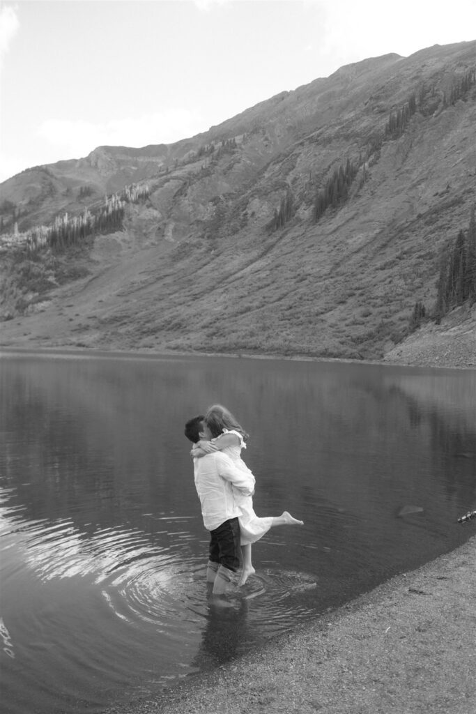 Mountain alpine lake engagement photos in Colorado
