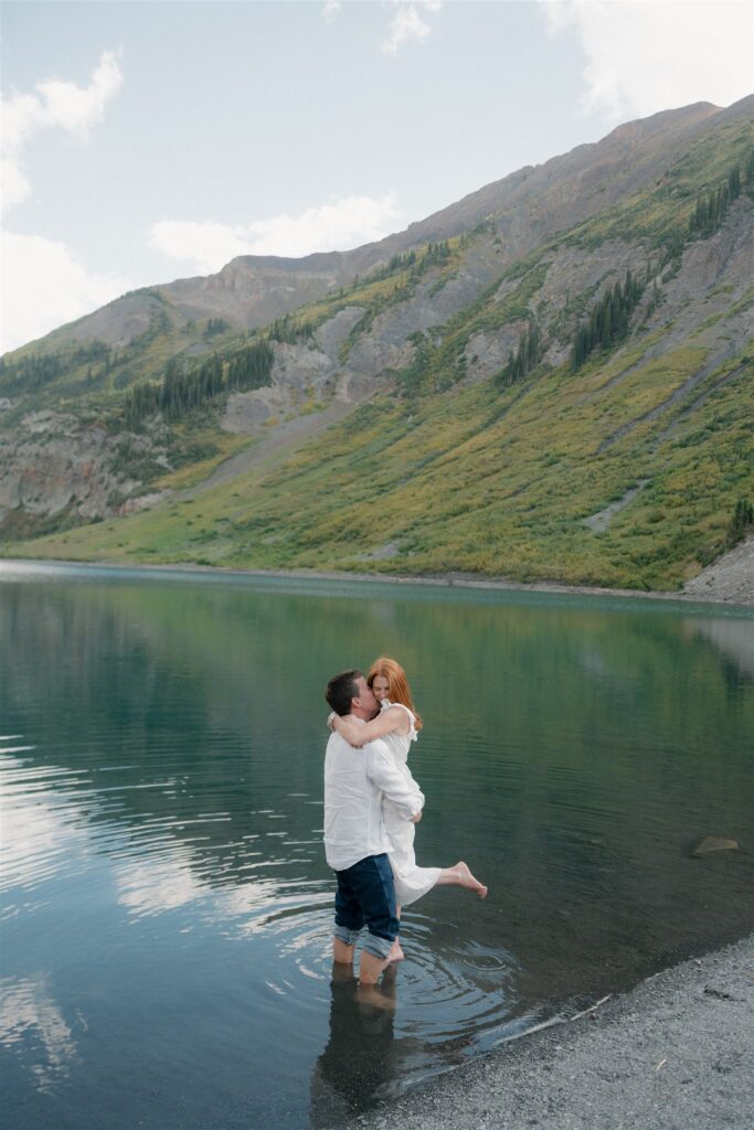 Mountain alpine lake engagement photos in Colorado