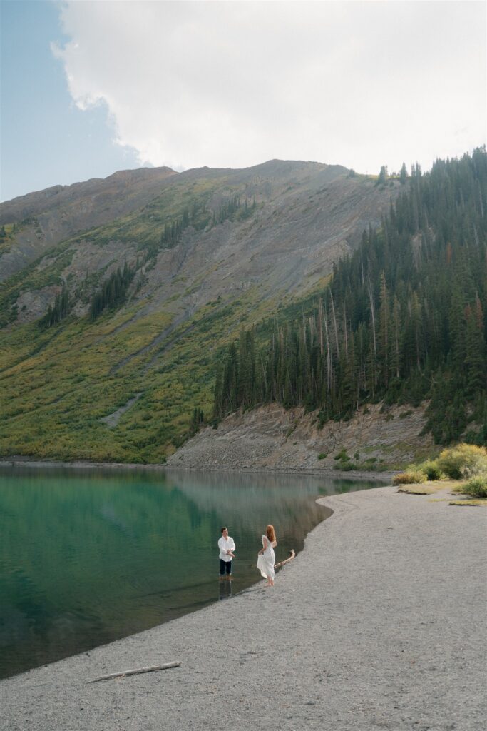Mountain alpine lake engagement photos in Colorado