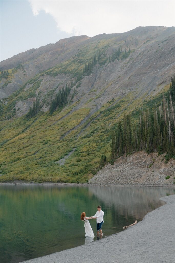 Mountain alpine lake engagement photos in Colorado