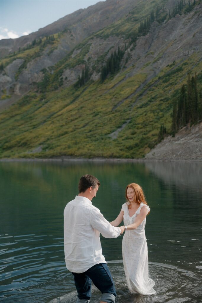Mountain alpine lake engagement photos in Colorado