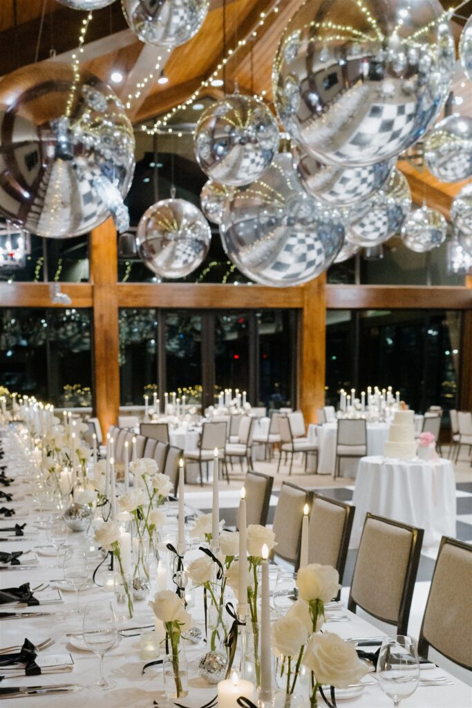 Colorado winter wedding reception with disco balls