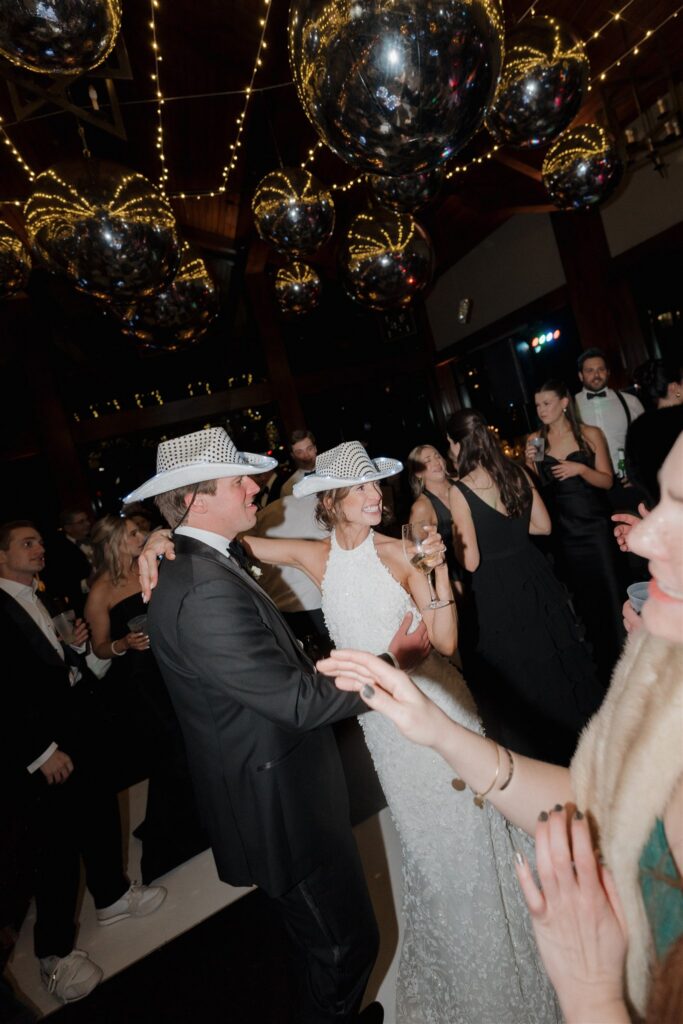 Colorado winter wedding reception with disco balls