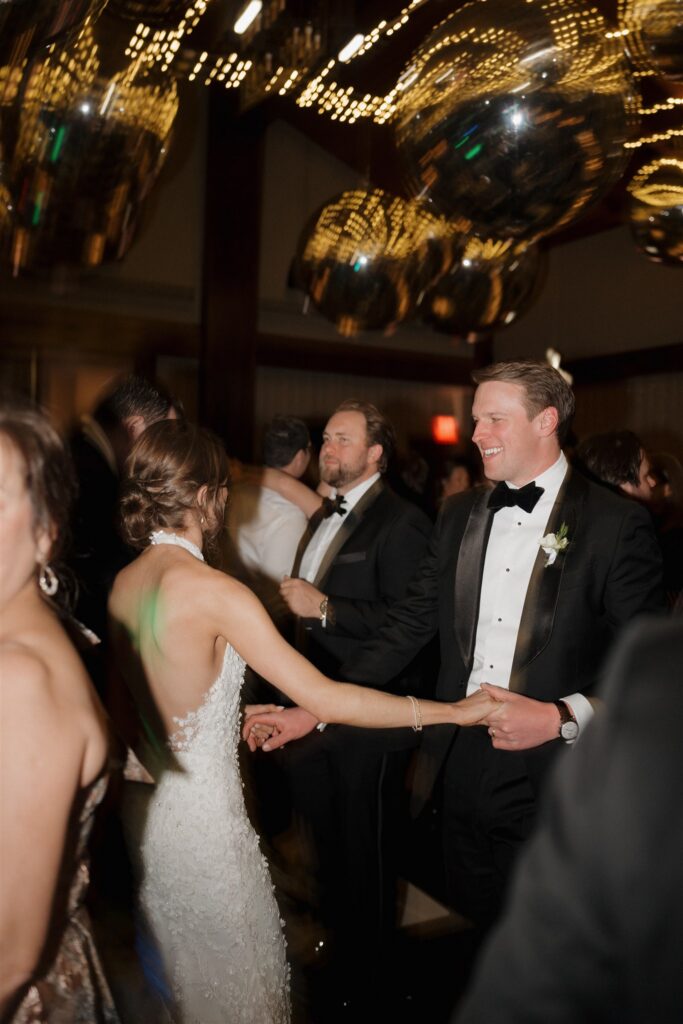 Colorado winter wedding reception with disco balls