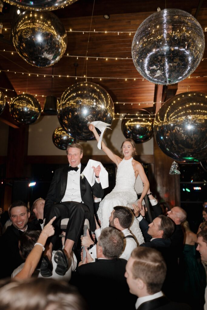 Colorado winter wedding reception with disco balls