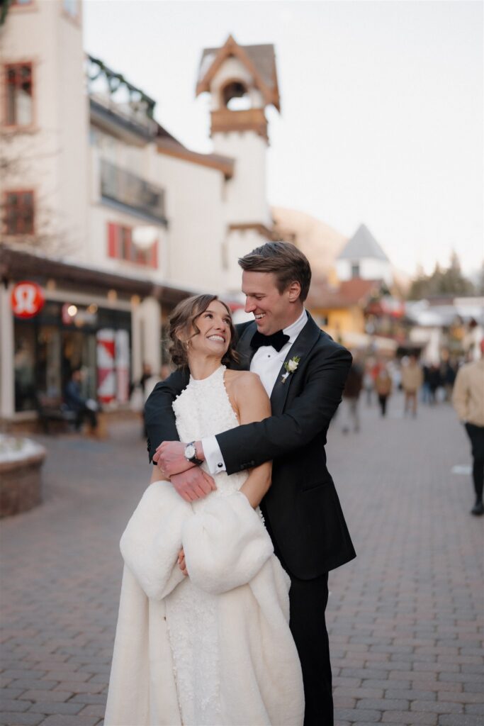 Colorado winter wedding photos in Vail Village