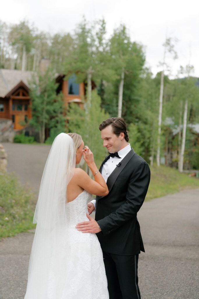 Bride and groom first look in Telluride at Gorrono Ranch