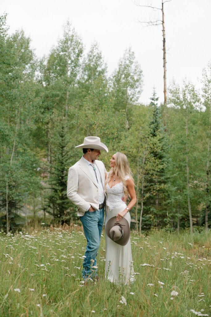 Bride and groom portraits during their wedding Welcome evening in Telluride